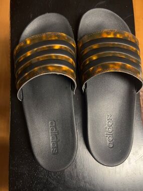 adidas Black Slides with Tortoiseshell-Pattern Straps